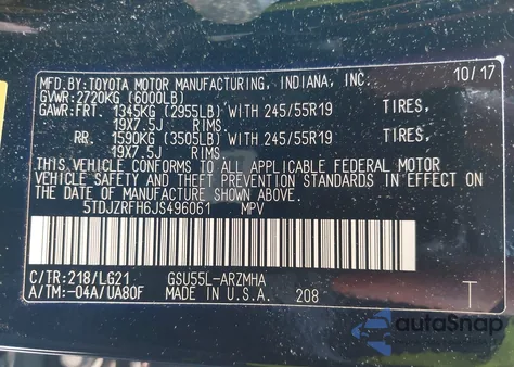 2018 Toyota Highlander Se из США, поврежденный, VIN 5TDJZRFH6JS496061